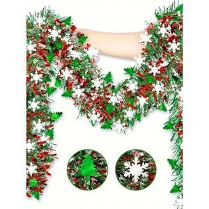 78.74inch Festive Red & Green Sparkling Snowflake Garland Snowflakes and Trees